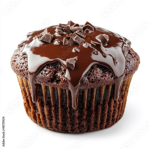 Oozing chocolate sauce on the muffin cake, isolated on a white background, highlighting a rich and decadent texture.