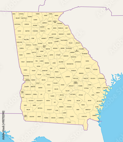 Georgia counties, political map. State in the Southeastern region of the United States, subdivided into 159 counties. Nicknamed Peach State, and Empire State of the South. Map with county names.