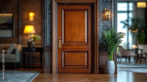 A close-up view of a solid wood door in a luxurious home.