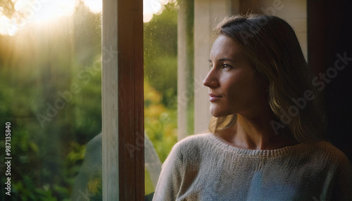 Young woman looking thoughtfully through the window into the garden. 