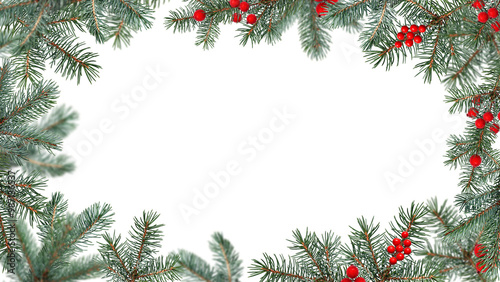 Festive Christmas frame made of coniferous branches decorated with artificial red berries. Frame isolated on white background, copy space. Two options, with and without decoration.