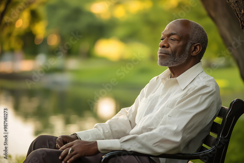 Serene elderly man reflecting by peaceful lakeside, enjoying nature tranquility, wearing white shirt, gentle sunlight, relaxation concept