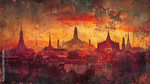 Dramatic fiery sunset casts an apocalyptic glow over a fantastical ethereal cityscape featuring towering temples spires and architectural structures in a visionary hyper real landscape