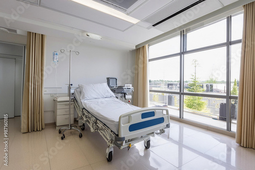 Modern Hospital Room with Single Bed and Medical Equipment