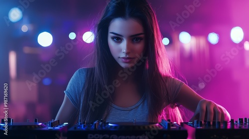 Young female DJ performing at a vibrant club under colorful lights, engaging the crowd with her energetic music.