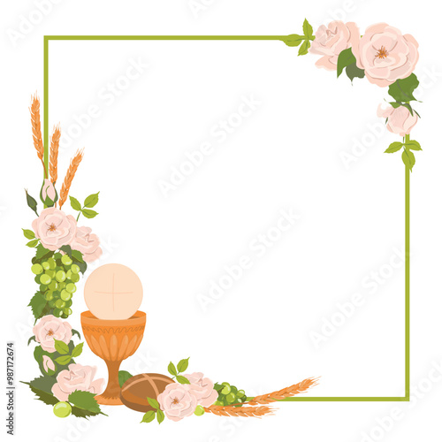 Square frame with first communion symbols. Vector. Composition from a golden bowl for wine, bread, wine, grapes, white roses. Beautiful design elements for an invitation to the Holy Eucharist.