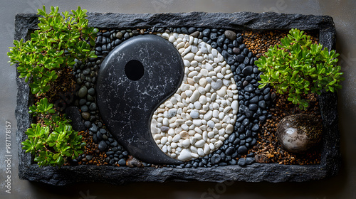 Beautiful yin yang stone arrangement surrounded by greenery, symbolizing harmony and balance in a peaceful setting.