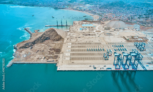 Panoramic view of Chancay Mega seaport. Located in Peru, under construction, future maritime hub of South America. Chancay Lima, Peru.