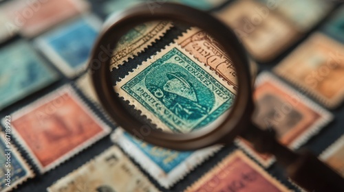 Magnifying glass zooming in on the details of a rare postage stamp, emphasizing philately and collection.