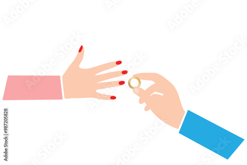 Hand of a man putting a wedding finger on a woman’s hand