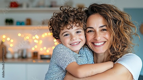 A mother and son sharing a comforting embrace in the kitchen after a tough day, the warm lighting adding to the emotional depth Mother and son, love, emotional support