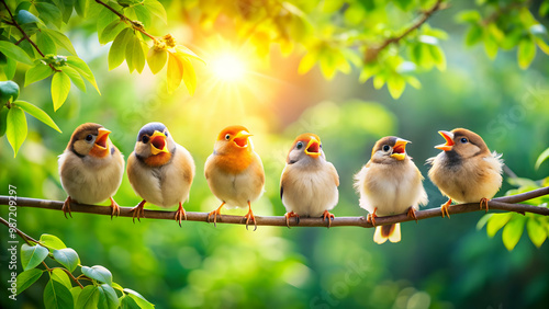 Funny little birds sitting on a branch in a spring sunny park chirping , birds, branch, spring, park, chirping, cute, animals