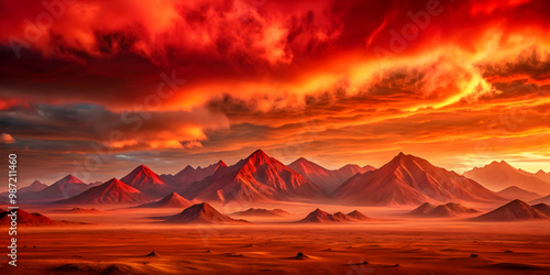 Red landscape with crimson mountains under a fiery red sky, red, landscape, mountains, sky, crimson, fiery, nature, scenery