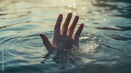 Palm with fingers spread out over the water. The hand of a drowning man calling for help.