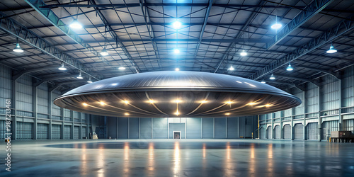 UFO stored in a military hangar , unidentified flying object, military, hangar, storage, technology, spaceship