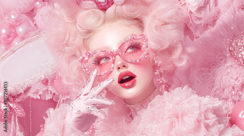 Extravagant woman with pink glasses and voluminous hair on pink background in glamour style. Concept of fashion statement and avant-garde visual appeal.