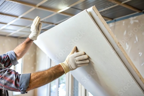 Worker install drywall in room. House repair and construction