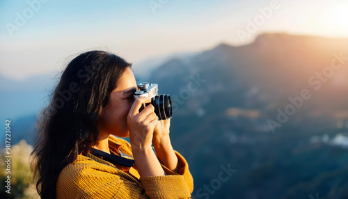  Woman Taking Picture Outdoors with a retro film photo cameras, travel, photography and hobby 