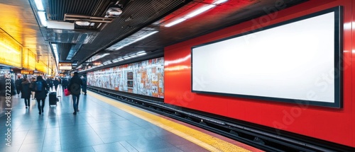 Blank advertising mockup at a busy metro station showcasing the perfect space for impactful marketing campaigns with commuters and sleek infrastructure