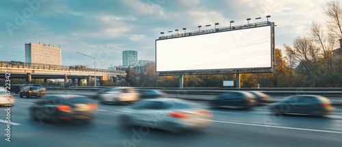 Blank advertising mockup on a highway billboard with cars speeding past creating a dynamic setting for large-scale advertisements