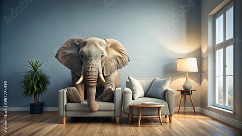 A humorous concept of an elephant sitting in a living room, elephant, living room, home decor, funny