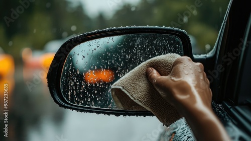 Close-up of a hand wiping down the rearview mirror of a car with a microfiber cloth, removing water droplets and dirt.