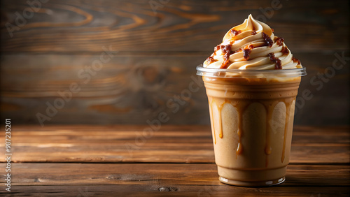 Iced caramel frappuccino with whipped cream and chocolate splashing around, caramel, frappuccino, iced, drink