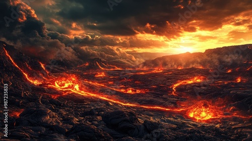 Molten lava flowing through a barren volcanic landscape, cutting through jagged rocks under a darkened sky with fiery embers glowing in the air