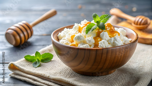 Creamy cottage cheese topped with sweet honey drizzle, food, dairy, healthy, breakfast, snack, delicious, organic, protein