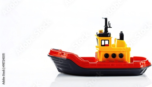 Toy plastic tugboat or tug boat is a marine vessel that maneuver other vessels by pushing or pulling them, with direct contact or a tow line. Isolated on white background. Children bath tub toy