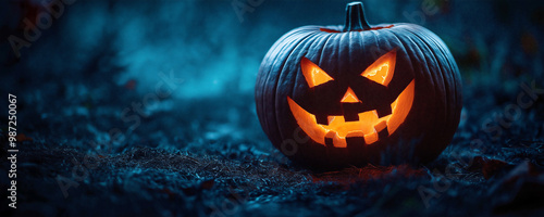 Halloween pumpkin in a dark forest, spooky background with a glowing jack-o'-lantern and a foggy night sky.