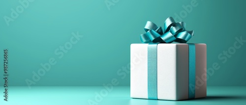  A white gift box, adorned with a blue ribbon and bow atop, situated against a teal backdrop