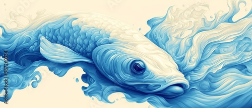  A painting of a fish with blue and white waves emanating from its mouth against a plain white backdrop