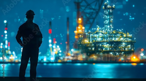 A man stands on a pier looking out at a large oil rig. The sky is dark and the lights from the rig are visible in the distance. Concept of awe and wonder at the size and power of the oil rig