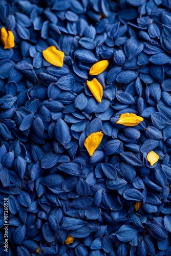  Three piles of intermixed blue and yellow petals