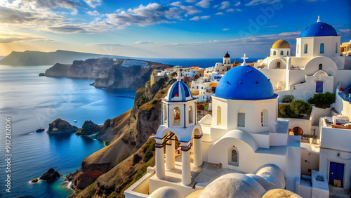 Beautiful Santorini landscape with white buildings and blue domes overlooking the Aegean Sea, Santorini