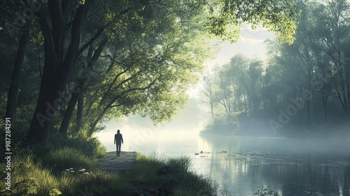 A person taking a peaceful morning walk along a misty riverbank, surrounded by tall trees and the sound of birds chirping