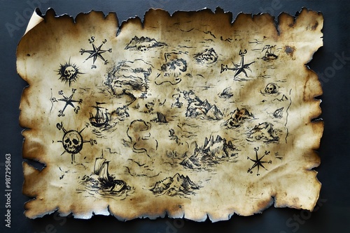 An old, weathered pirate treasure map with compass roses and skull symbols.