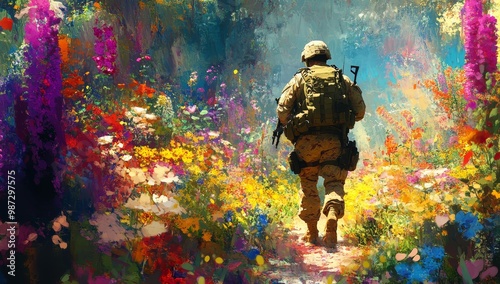 Soldier walks through colorful flower field.