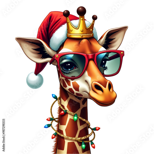 A giraffe wearing a Santa hat, glasses, and Christmas lights around its nec