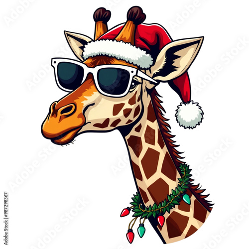 A giraffe wearing a Santa hat, glasses, and Christmas lights around its nec