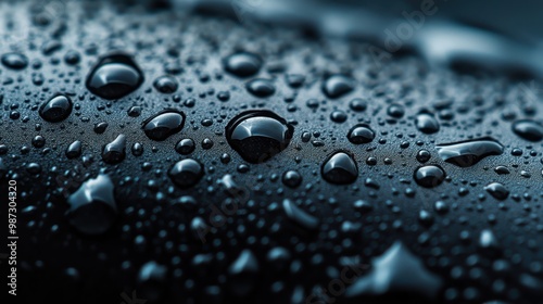 A close-up photograph showcasing water droplets resting on a black cylindrical object, highlighting each droplet's unique shape and surface tension against a smooth backdrop.