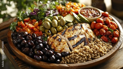 A Mediterranean-style platter with olives, whole grains, grilled fish, and fresh vegetables, offering a heart-healthy and flavorful diet