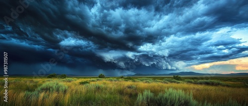 Dramatic stormy sky over a serene landscape highlighting the stark contrast between light clouds and dark, foreboding weather