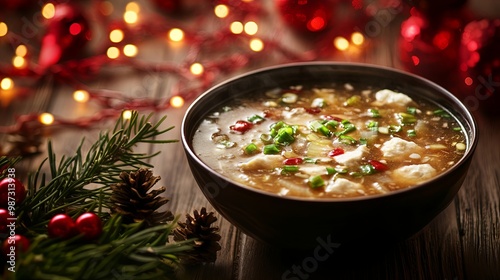 Chinese hot and sour soup (Suan La Tang) in a bowl, with Chinese New Year lights and red festive decorations. Ideal for promoting traditional holiday meals and cultural celebrations. 