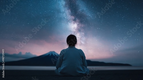 A serene scene of a person sitting near a calm body of water, contemplating the expansive and star-filled night sky, invoking thoughts of infinity and solitude.