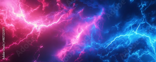 Vibrant pink and blue electric lightning energy bolts on a dark background, representing power, energy, and dynamic forces in nature.