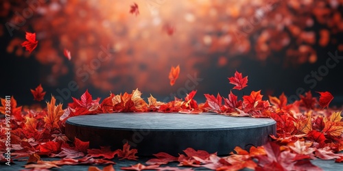 Circular stone platform surrounded by vibrant red and orange autumn leaves; with some leaves falling in the background. Round podium for product presentation.