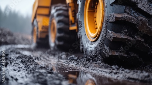 A large yellow construction vehicle tire traversing a muddy terrain, showcasing the power and utility of heavy machinery in challenging environmental conditions.