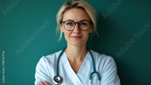 A nurse exuding knowledge and confidence stands in her white coat with stethoscope, symbolizing healthcare professionalism against a hospital backdrop.